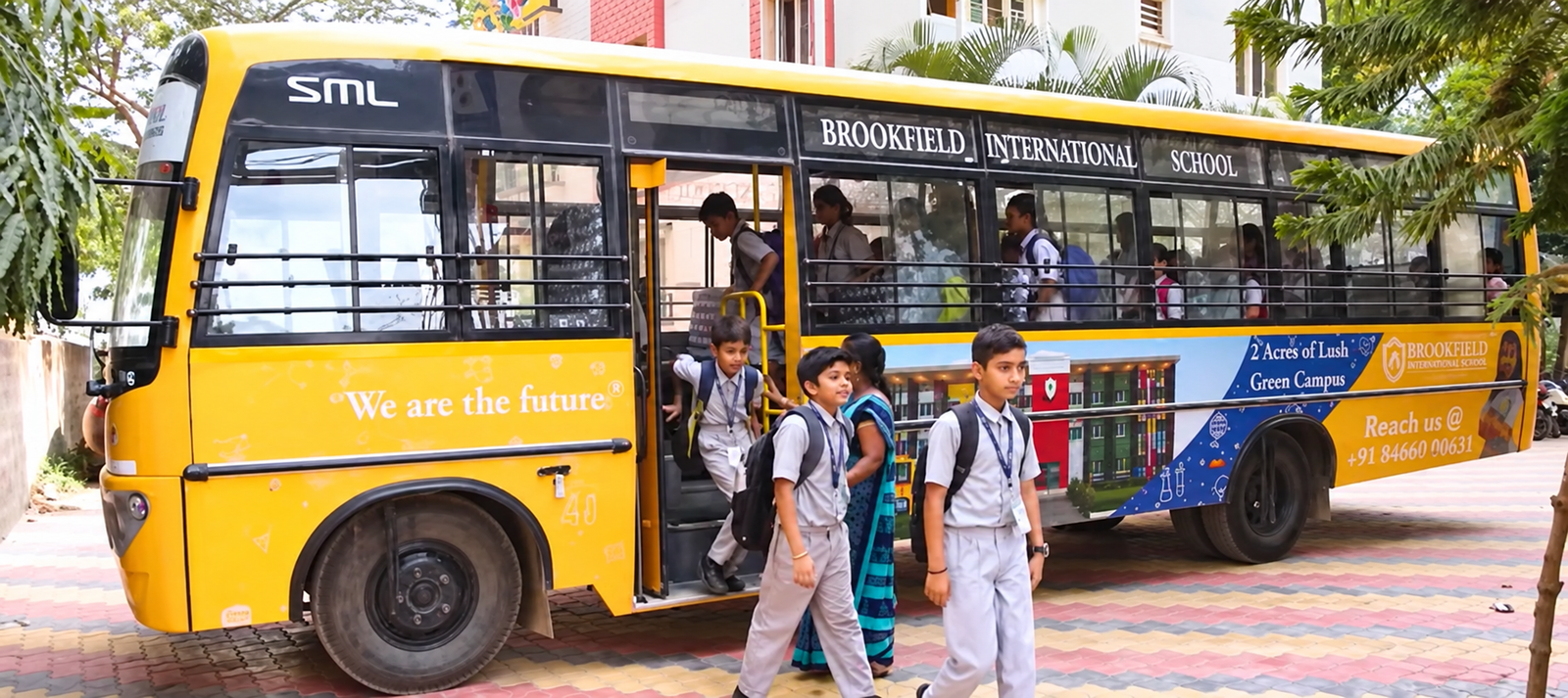 A Brookfield school bus arriving at the gates